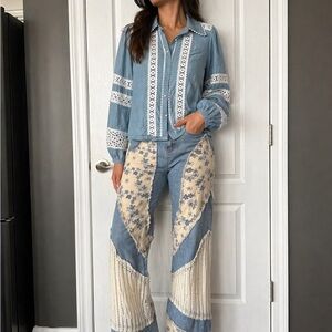 POL Boho Patchwork Boyfriend Jeans - Light Blue & Cream